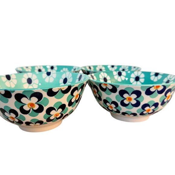 Retro Style Kitchen Bowls Set of 4 Flower Power All Purpose Blue Aqua Soup Salad - Picture 5 of 16